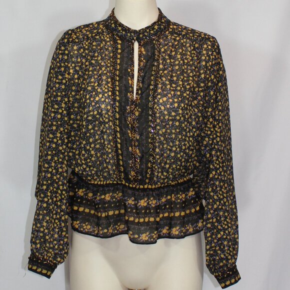 Free People Women's  Floral Beaded Embellished Peplum Blouse Black Yellow XS/TP - Picture 2 of 8